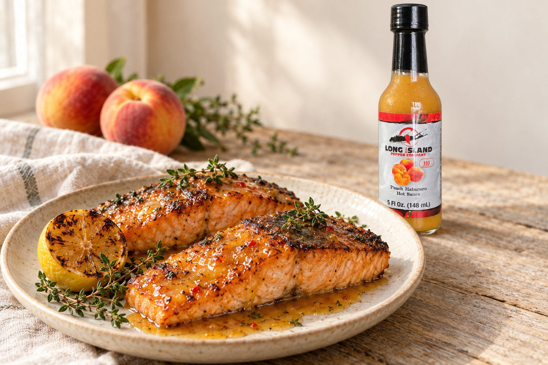Salmon fillets under a peach habanero glaze, with a bottle of Peach Habanero hot sauce behind