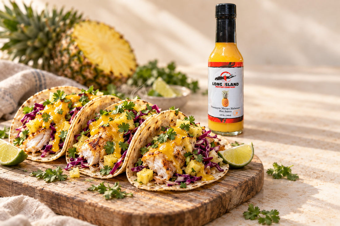 Fish tacos with pineapple mango crema, with a bottle of Pineapple Mango Habanero sauce behind