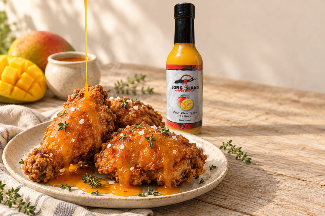 Fried chicken glossed with a golden-orange mango hot honey, with a bottle of Mango Ghost Pepper hot sauce behind