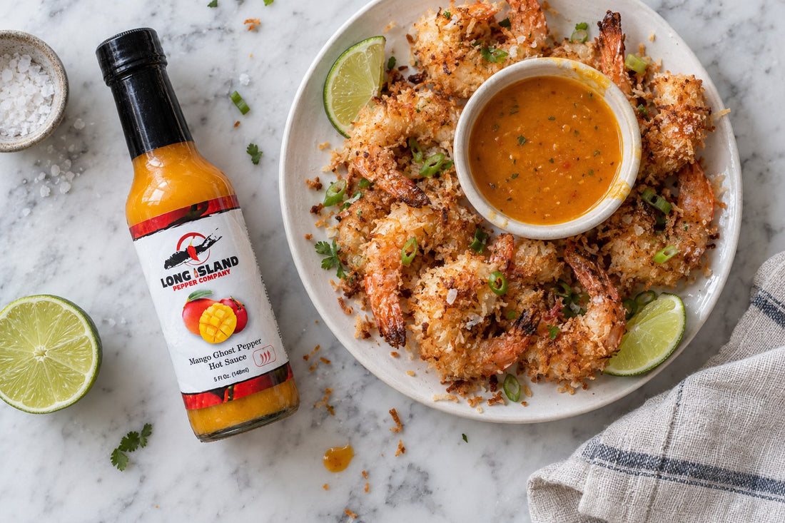 Overhead view of Mango Ghost Pepper coconut shrimp with mango dipping sauce on a marble counter, with a bottle of Mango Ghost Pepper beside them.