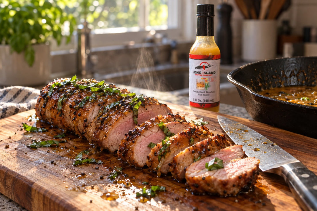 Peach Basil Bourbon glazed pork tenderloin sliced on a cutting board beside the skillet pan sauce, with a bottle of Peach Basil Bourbon behind it.